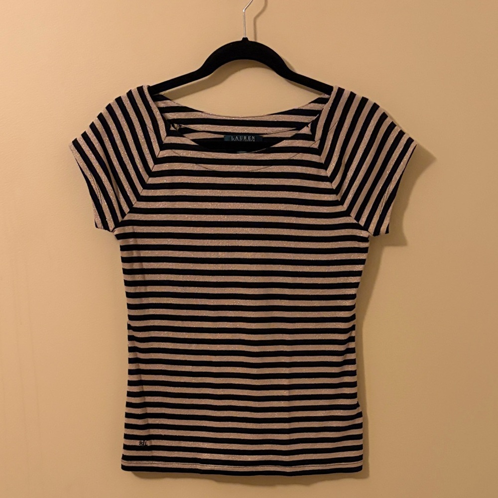 Lauren Ralph Lauren Black and Gold Striped Short-Sleeve Tee